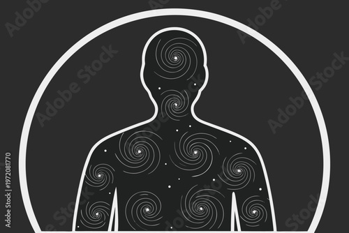 Human silhouette with swirling patterns on body and head in white outline
