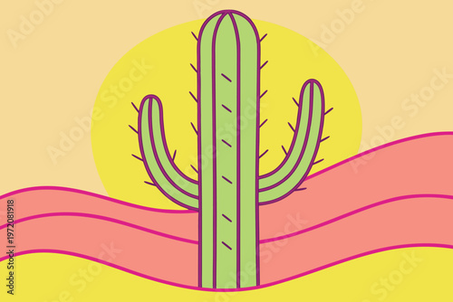 Green cactus on pink sand with yellow sun