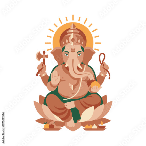 Ganesha, the Hindu deity, seated on a lotus flower with a radiant halo.