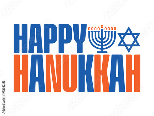 A colorful graphic design with the words 'Happy Hanukkah' and traditional Jewish symbols.