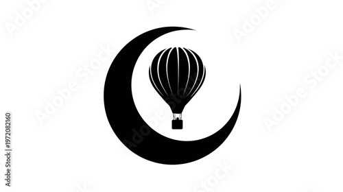 Black and white illustration of a hot air balloon nestled within the curve of a crescent moon