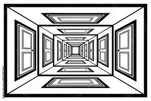 Black and white of a long corridor with doors and windows hallway