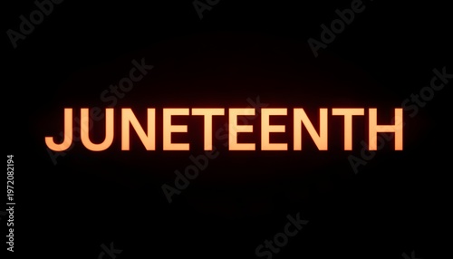 A vibrant Juneteenth celebration with bright orange text on a black background