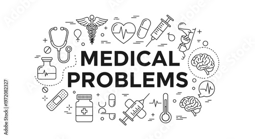 Medical Problems Text with Collection of Health and Healthcare Line Icons.