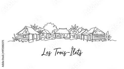 Traditional tropical village houses of Les Trois-Îlets in continuous line art vector illustration