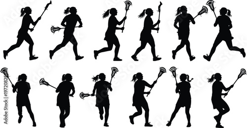 Female lacrosse player silhouettes set featuring women athletes running jumping and shooting with sticks in action poses for sports graphic design and vector illustration