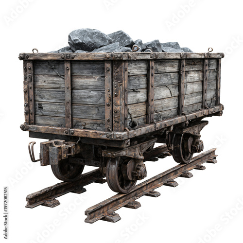 Professional Isolated Coal Mine Cart with Tracks on White Background