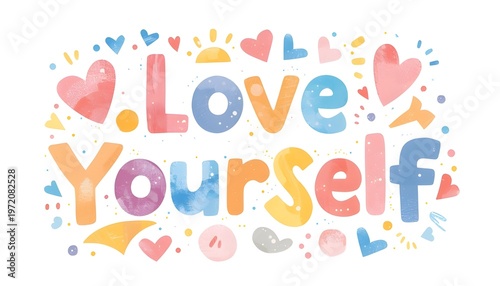 A colorful illustration with the motivational phrase Love Yourself surrounded by hearts and confetti