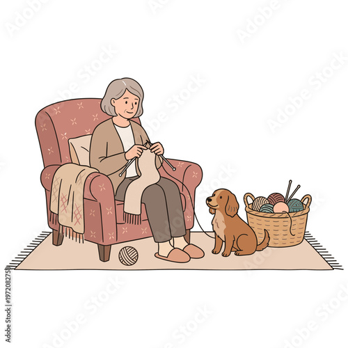 Elderly woman knitting with dog sitting beside her on carpet