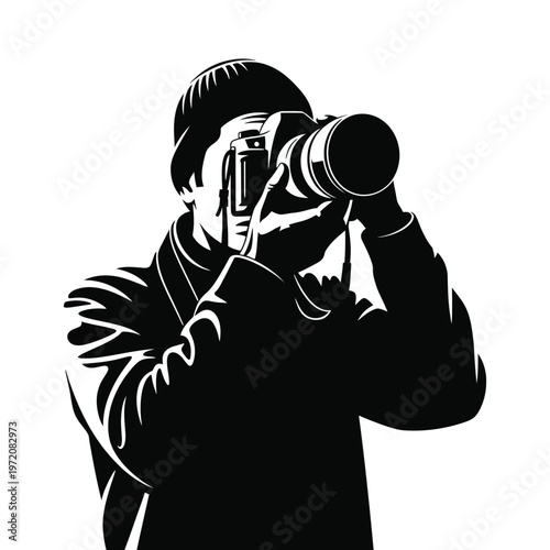 Black and White Silhouette of Photographer Taking Picture with DSLR Camera, Beanie, and Jacket