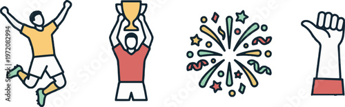 Football Victory Celebration, Players Lifting Trophy with Fireworks
