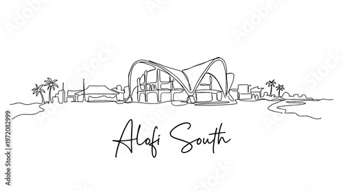 Alofi South Niue skyline with palm trees continuous line drawing vector