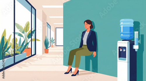 Woman Relaxing by Water Cooler in Modern Office with Indoor Plants and Bright Natural Light