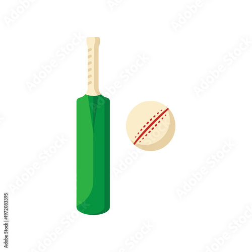 Green cricket bat and ball ready for a game.