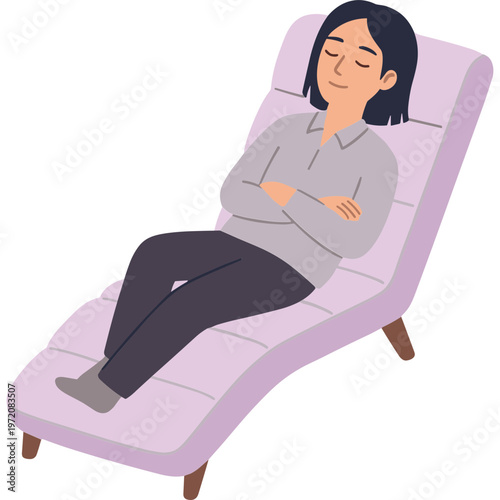 A woman reclines peacefully on a chaise lounge indoors.