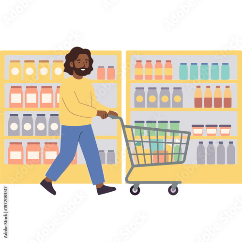 Man pushing shopping cart through store aisle with drinks and food