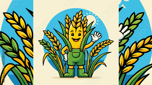 Cartoon wheat character in overalls.