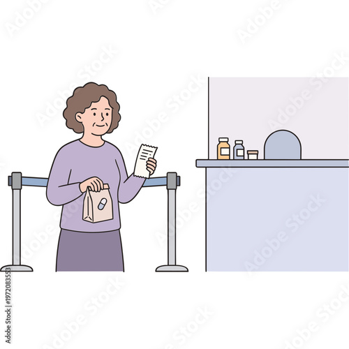A woman stands in line at a pharmacy counter holding a prescription and bag.