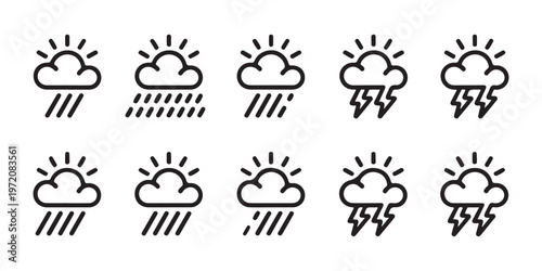 Sunny weather icons with rain and lightning symbols, shown in filled and outlined styles for weather applications.