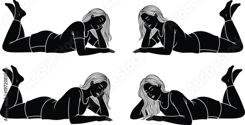 Elegant woman lying silhouettes collection, female relaxing poses, beauty and fashion concept, sensual body shape, stylish model illustration isolated on white background set