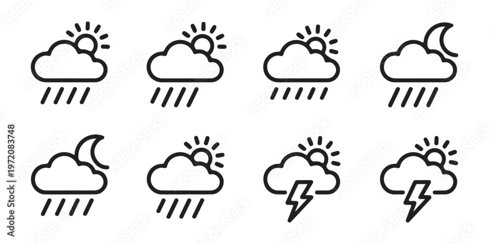 Obraz premium Outline weather symbols showing cloudy rainy stormy sunny and moonlit conditions with different precipitation types.