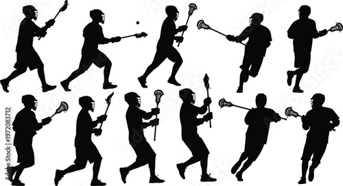 Lacrosse player silhouettes collection, athletes running and passing ball with stick, sport action poses, team game concept isolated on white background set