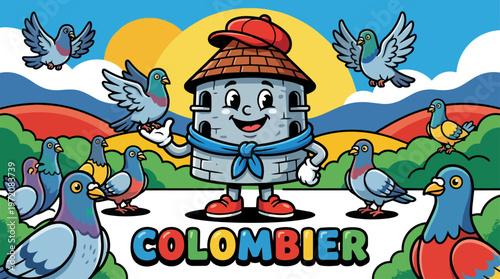 Cartoon pigeon character with birds.