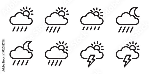 Outline weather symbols showing cloudy rainy stormy sunny and moonlit conditions with different precipitation types.