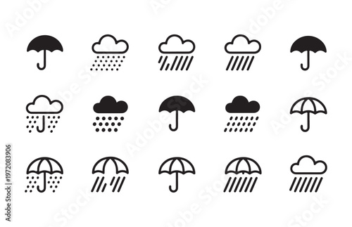 Set of rain and umbrella outline icons, weather forecast symbols for various precipitation types.