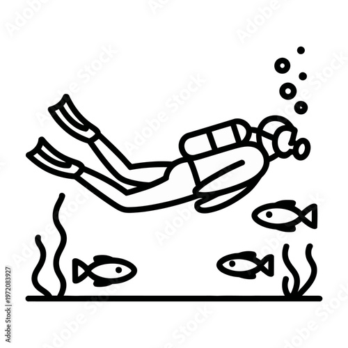 Vector of a scuba diver exploring underwater with fish swimming nearby