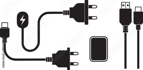 A collection of black icons representing various electronic charging cables and power adapters Vector.