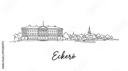Eckero Finland skyline with historic mail house minimalist continuous line drawing vector