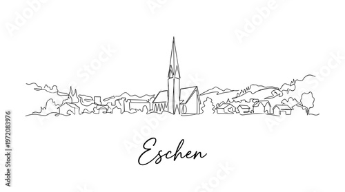 Eschen Liechtenstein city skyline with church and mountains minimalist one line art vector