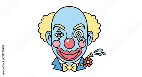 Smiling clown face with blue makeup.