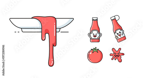 Ketchup bottles and tomato splatter.