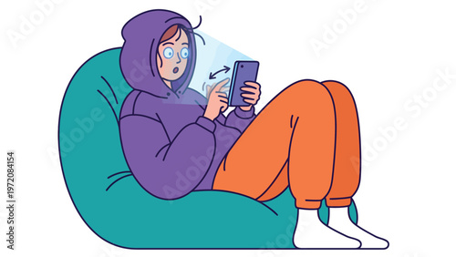 Digital Eye Strain from Smartphone: Young person focused on phone, experiencing screen fatigue in a bean bag chair.