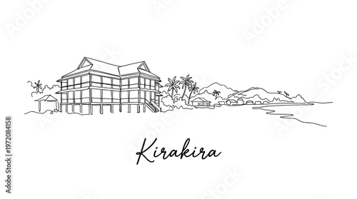 Kirakira Solomon Islands coastal skyline minimalist single line art vector illustration