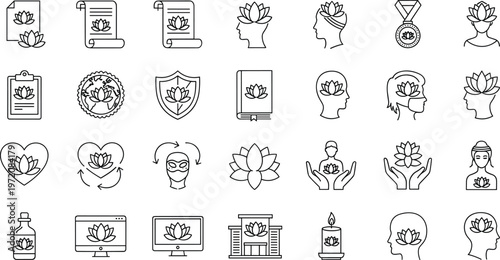 Lotus meditation mindfulness wellness icon set with yoga spirituality relaxation balance therapy enlightenment mental health symbols collection