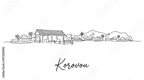 Korovou Fiji tropical skyline with palm trees and mountains continuous line art vector illustration