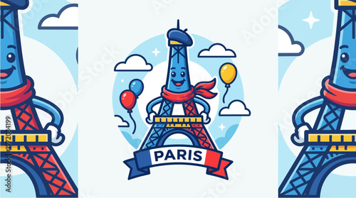 Eiffel Tower Paris Cartoon Illustration.