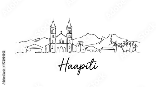 Minimalist continuous line art of Haapiti Moorea skyline with church vector illustration