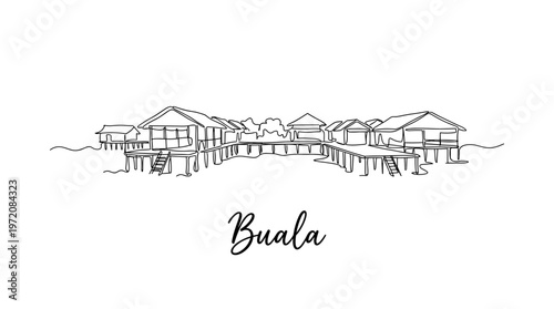 Minimalist continuous line drawing of Buala Solomon Islands water bungalows vector illustration