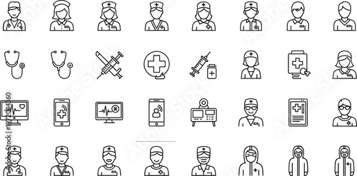 Medical staff line icons set with doctor nurse healthcare hospital professionals editable stroke outline vector collection for clinical services