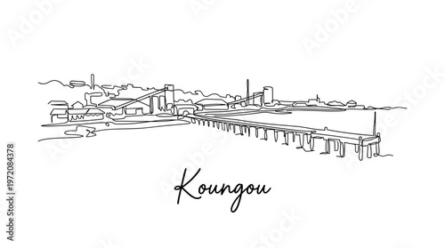 Minimalist Koungou Mayotte city skyline with pier continuous line art vector illustration