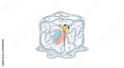 Colorful butterfly trapped in ice cube.