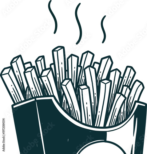 Steaming hot fries in a paper container