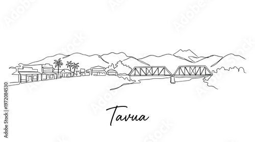 Minimalist one line drawing of Tavua Fiji city skyline and bridge vector illustration