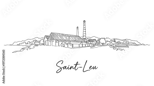 Minimalist Saint-Leu skyline one line drawing with industrial factory chimneys vector illustration