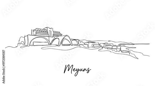 Minimalist single line drawing of Meyuns Palau city skyline isolated vector illustration