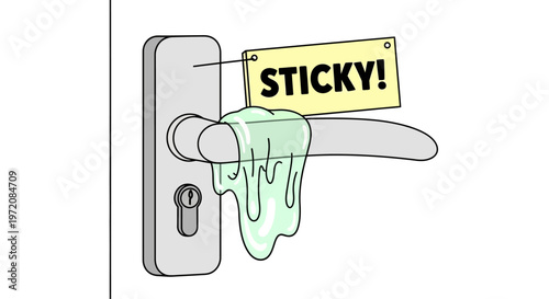 Sticky Door Handle with Warning Sign.